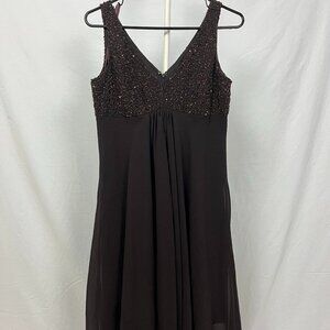 Eva Blue Petite Brown Beaded Bust Midi Dress Chiffon Flowy Ruffles Zip Size 10